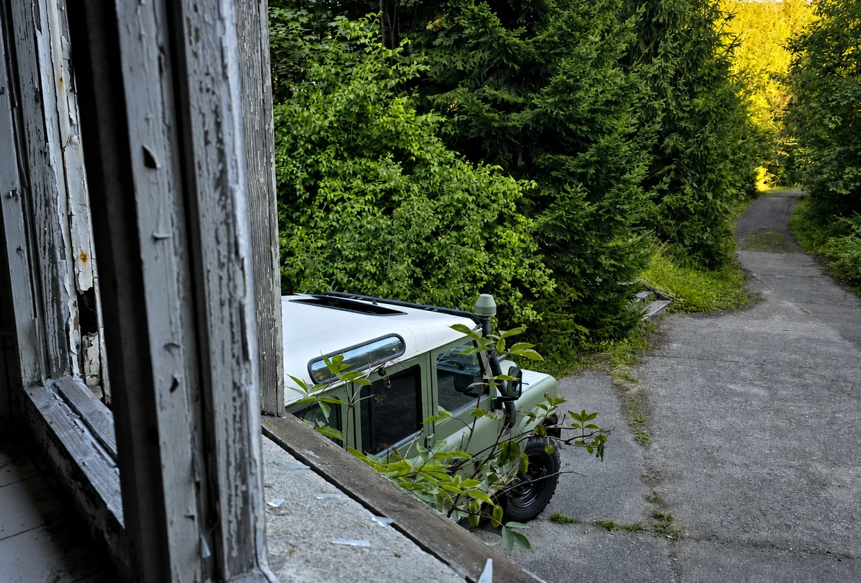 Blick aus einer Ruine auf meinen Defender