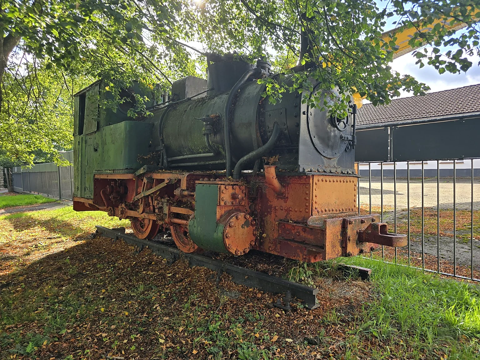 Kleine historische Dampflokomotive unter Bäumen am ehemaligen Museum